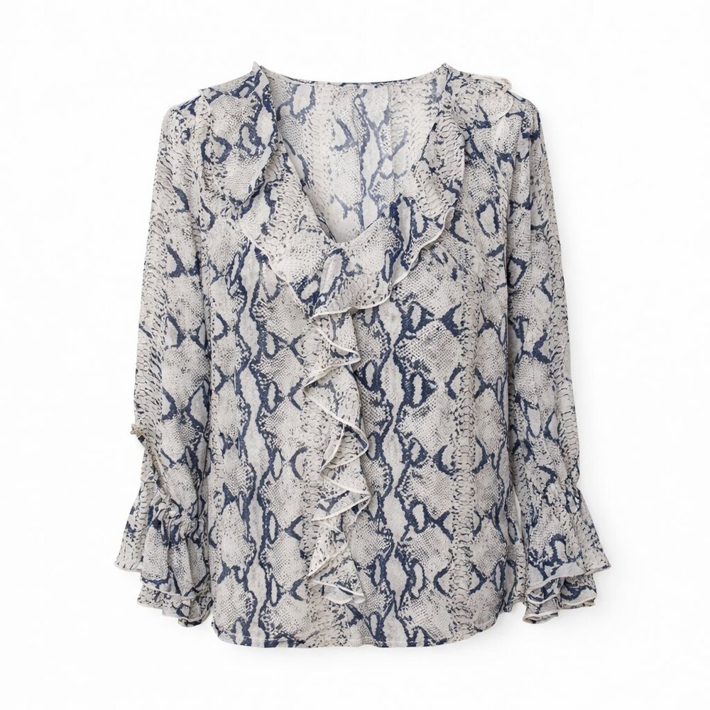 Dalin Snake-Print Ruffle Blouse • V-Neck • XL